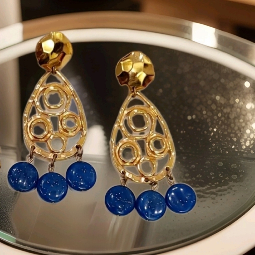 Vintage Exaggerated Lapis Lazuli Beads Filgree Gold Chandelier Earrings